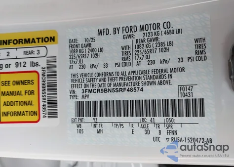 2025 Ford Bronco Sport Big Bend z USA, uszkodzony, nr VIN 3FMCR9BN5SRF48574